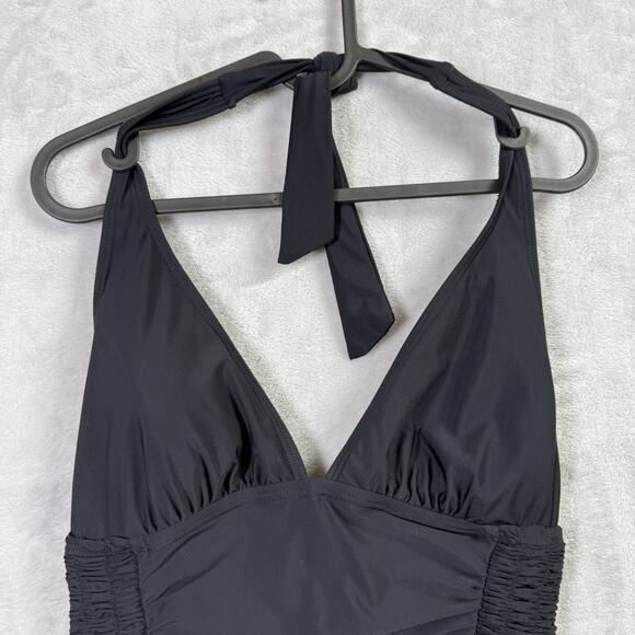 DKNY One Piece Swimsuit Women's 10 Black Scrunch Slim Sides V Neck Tie Halter - Picture 2 of 11
